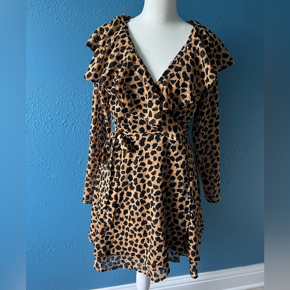 Free People Leopard Print Ruffle Collar Wrap Mini Dress Size XSmall